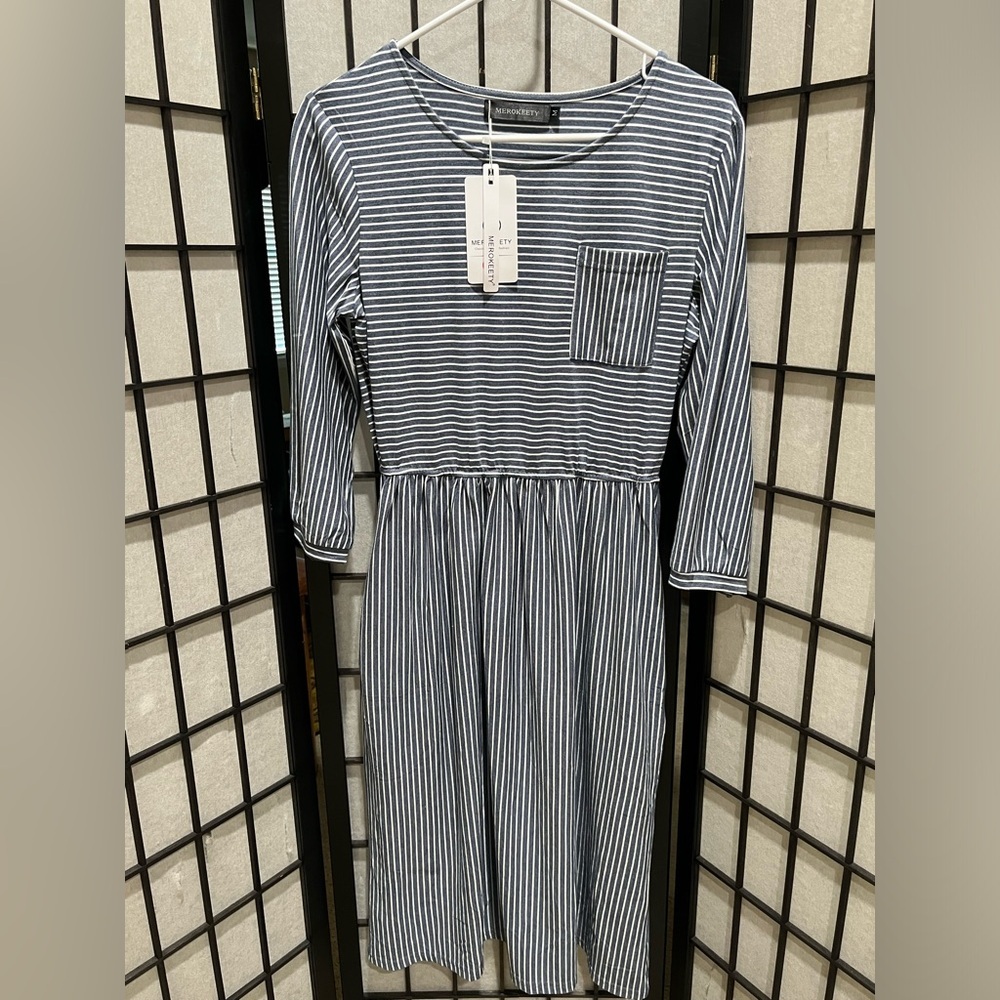 MEROKEETY Navy and White Striped Classic COMFY TEE-SHIRT DRESS SIZE M